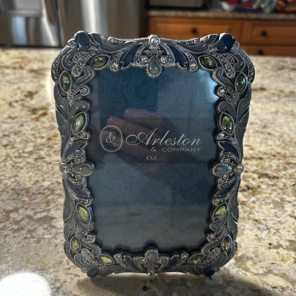 Arleston & Company 4x6 Jeweled Picture Frame Ornate Silver Tone Green Gems